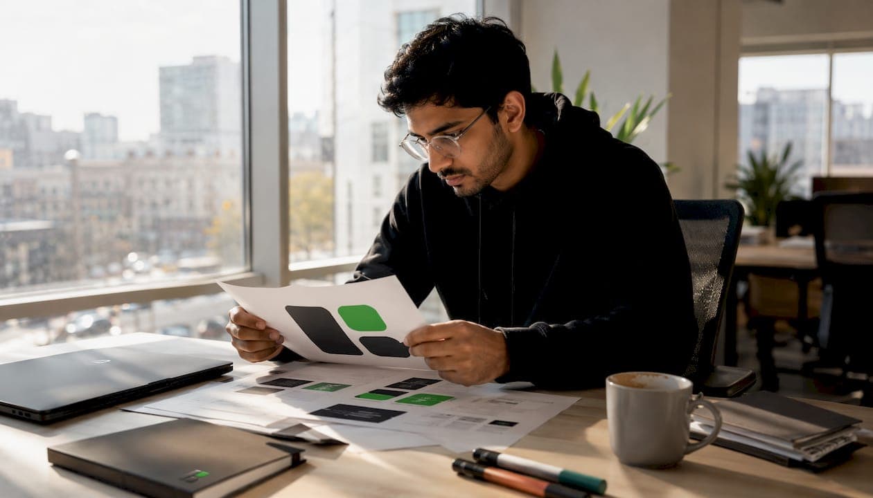 Man reviewing ad creative campaign papers