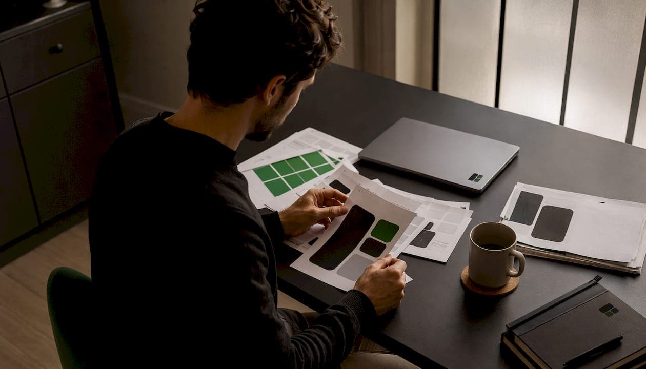 Marketer reviewing print ad templates at desk