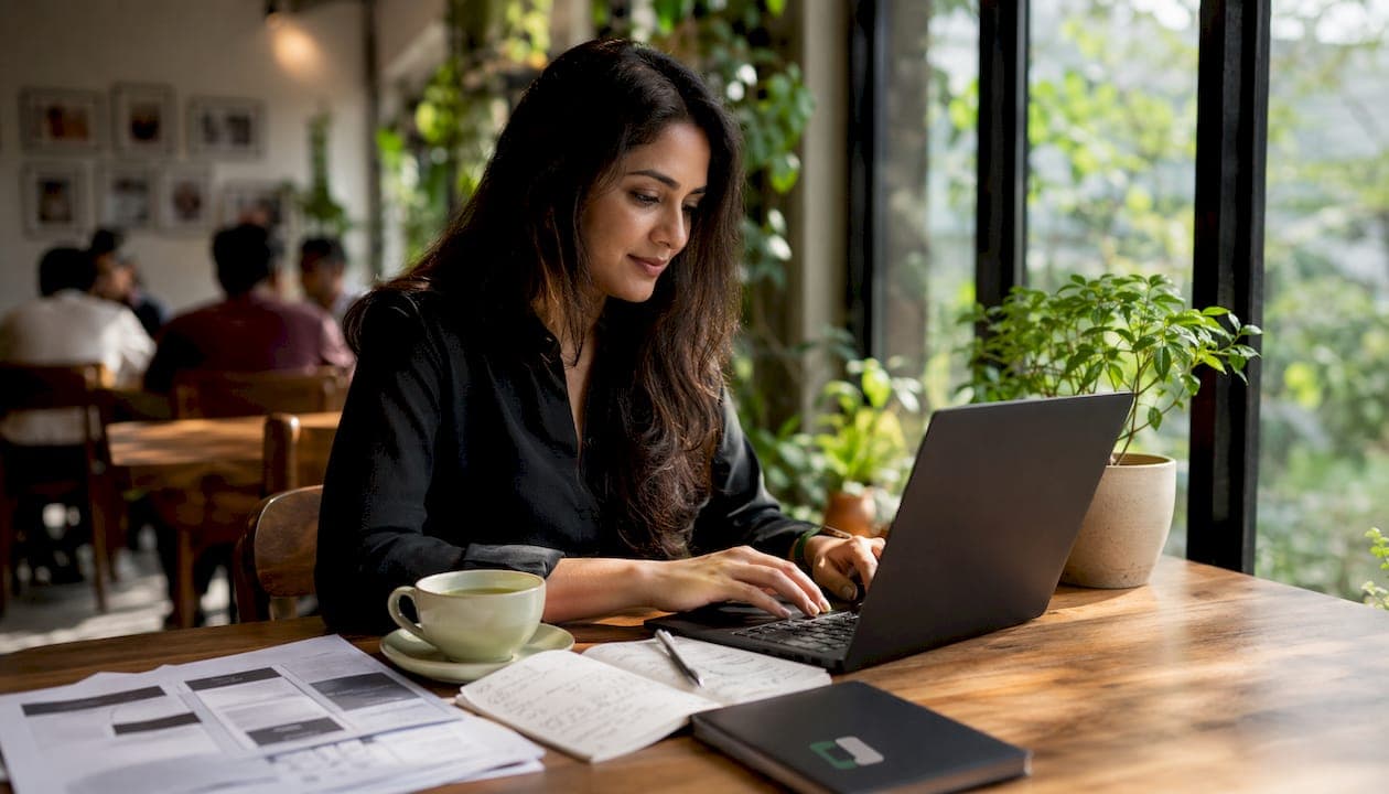 Content marketer creating LinkedIn posts in home office