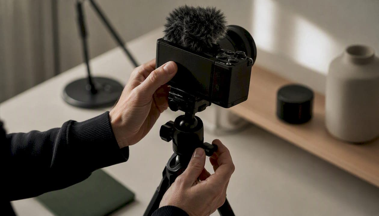 Hands operating video camera in home studio