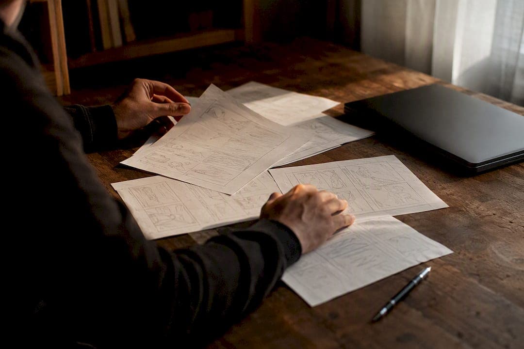 Hands arranging video script notes on table