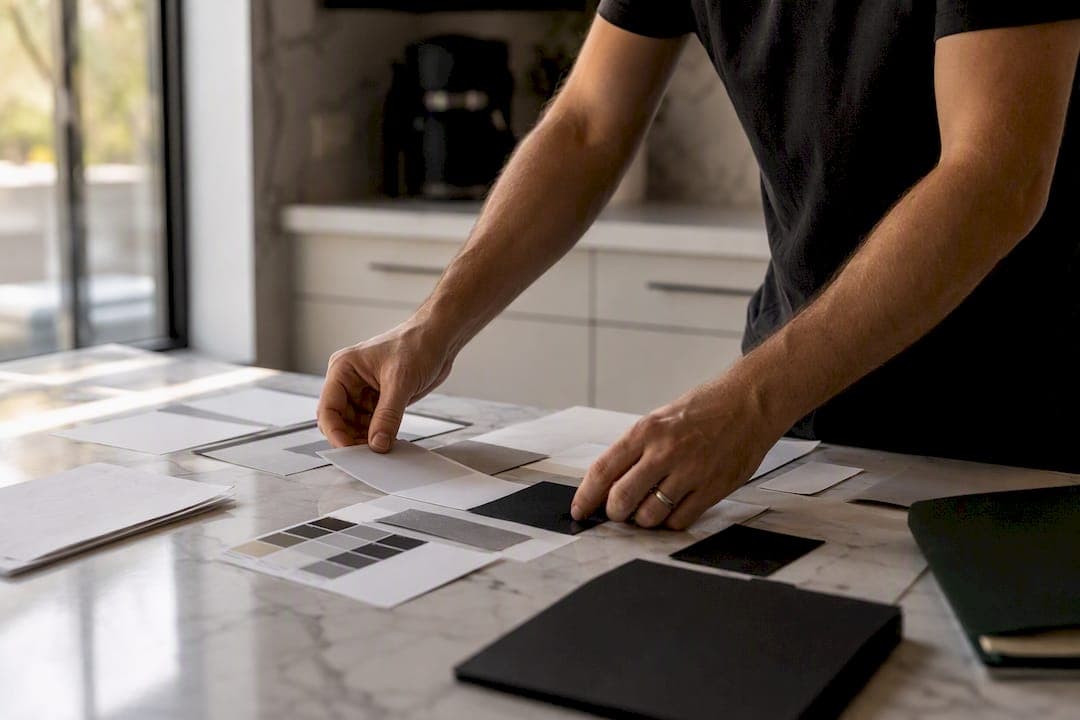 Hands arranging marketing templates on workspace