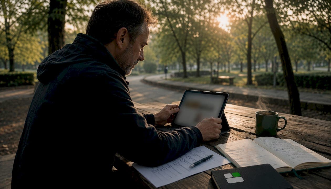 Small business owner managing profile at cafe