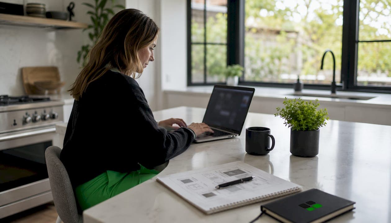 Marketer working on AI design tool at home desk