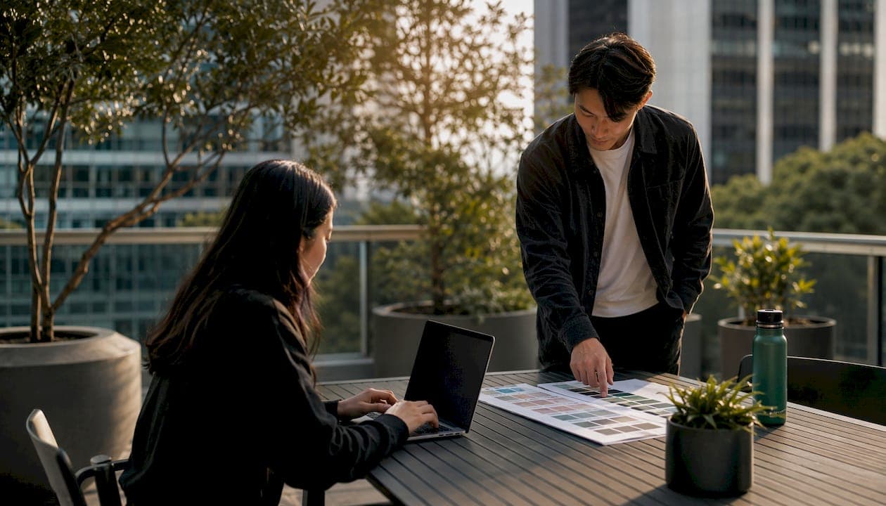 Two marketers collaborating on brand design at office desk