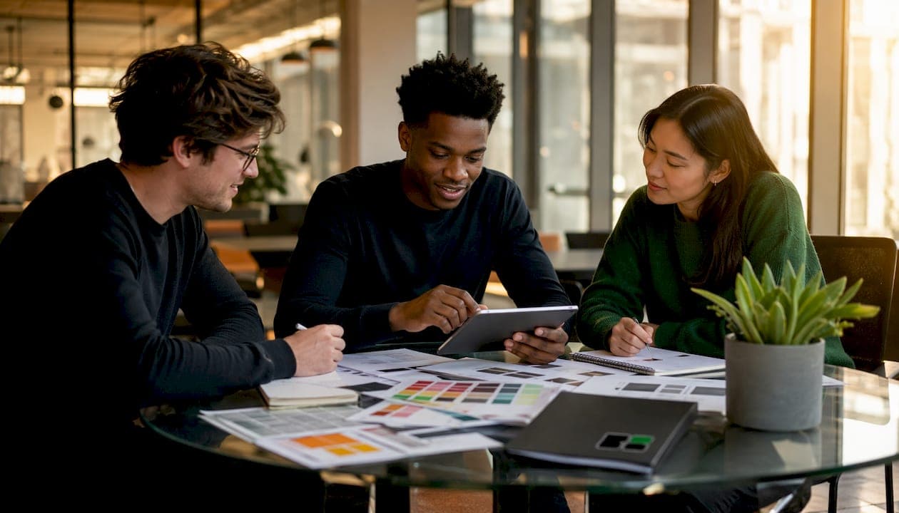 Team collaborating on marketing assets