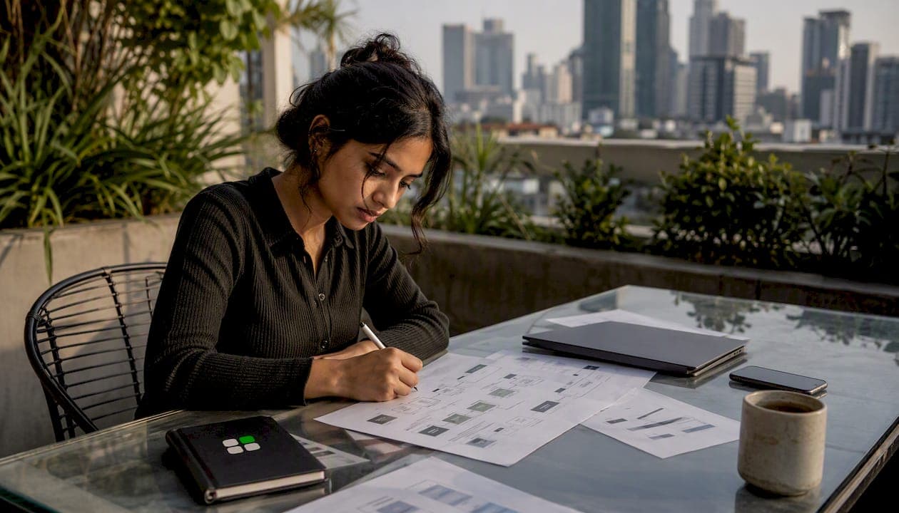 Woman reviewing AI marketing workflow documents