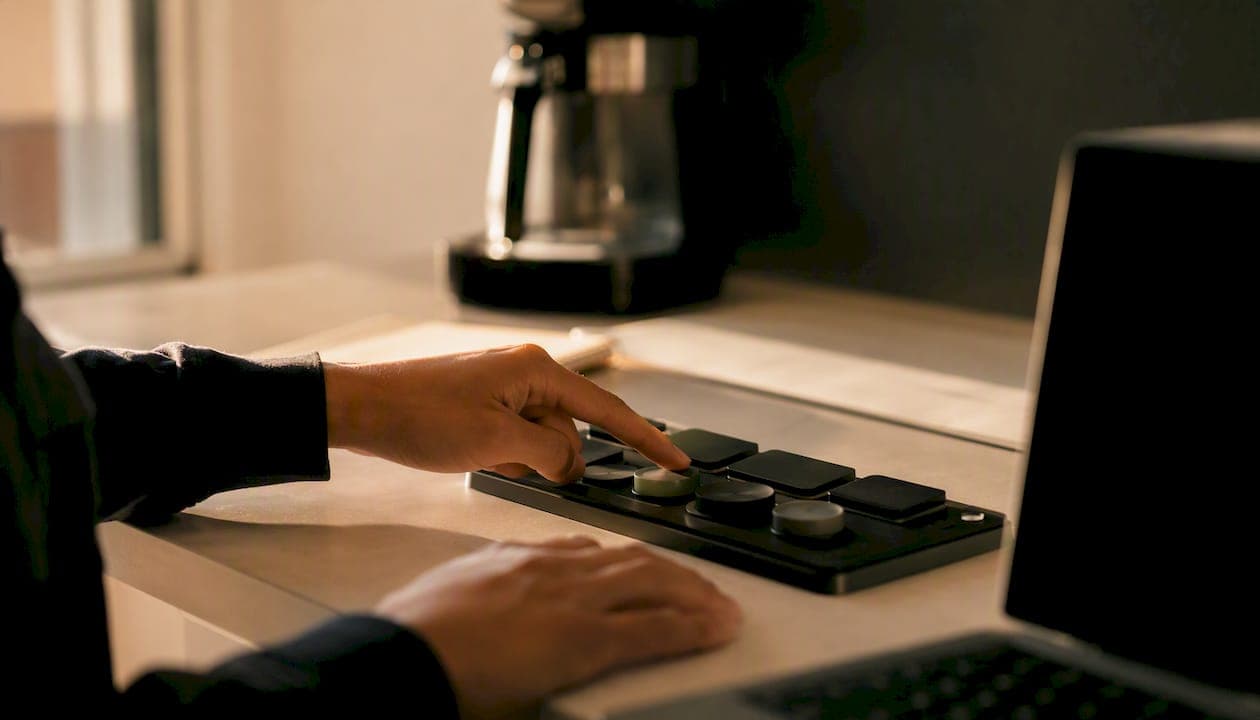 Hands arranging modular tiles on desk symbolizing automation