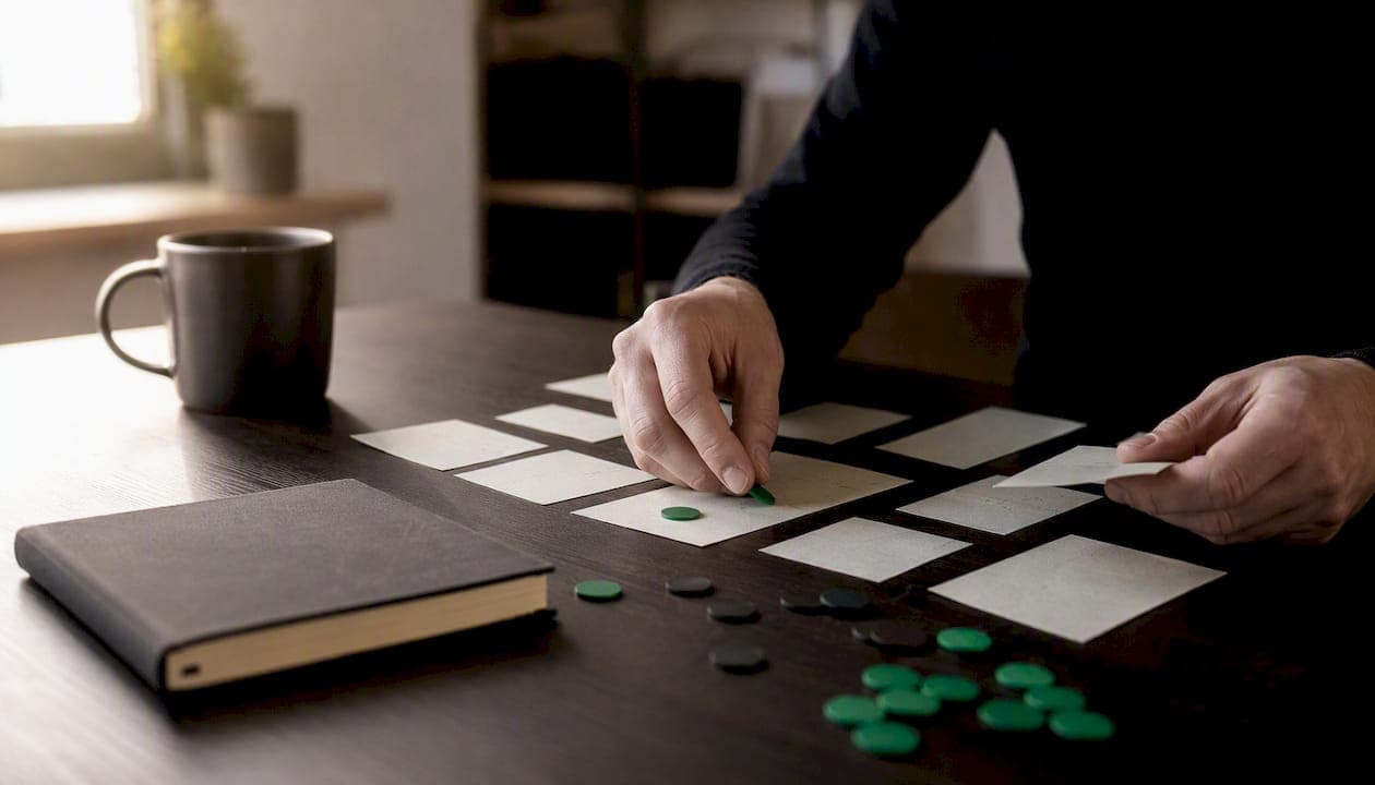 Hands organizing marketing data workflow elements