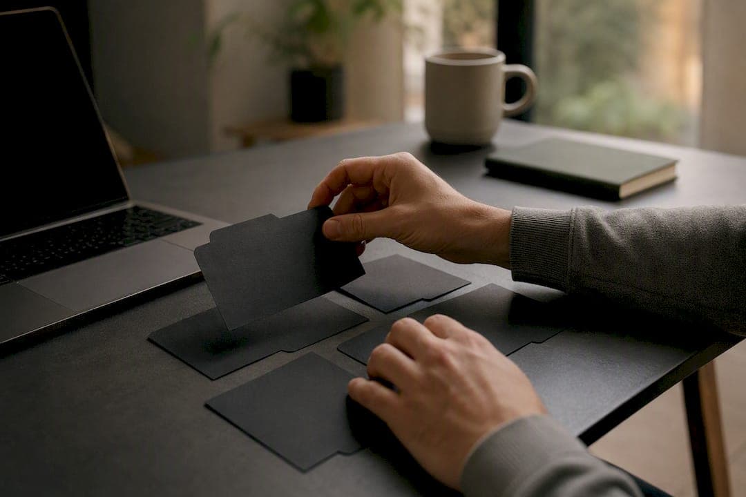 Hands organizing digital assets on a touchpad