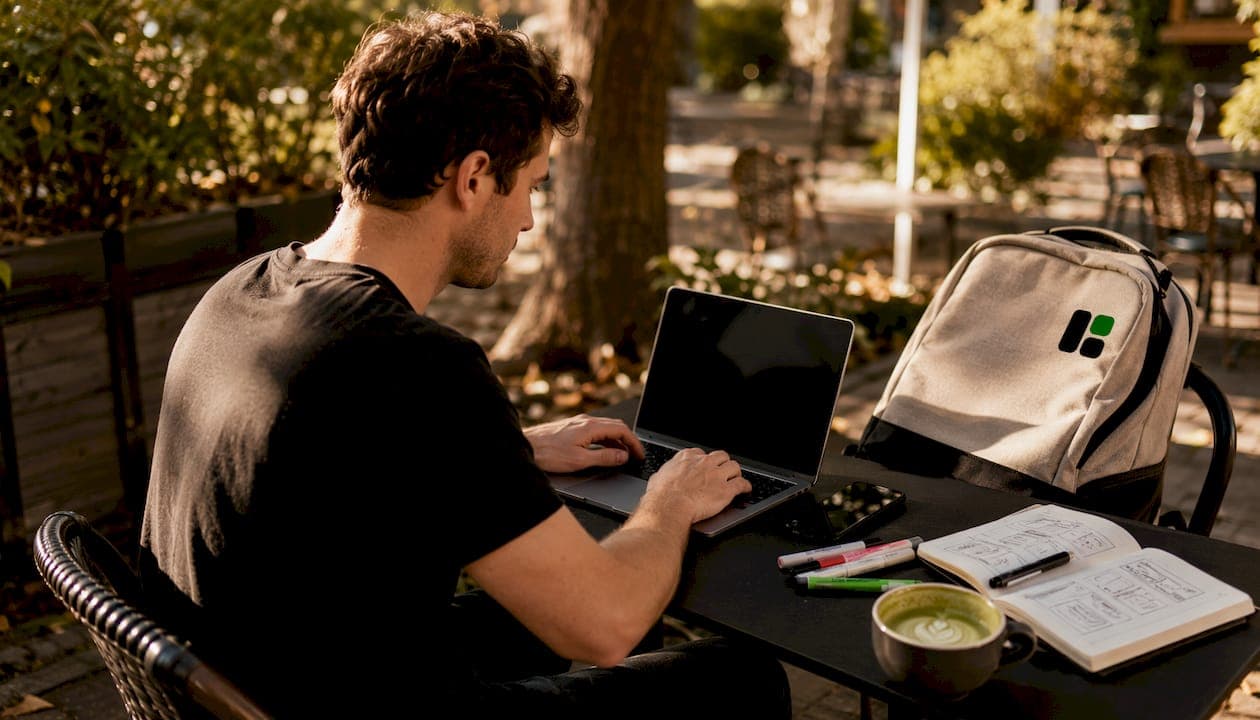 Marketer working on social media videos at café
