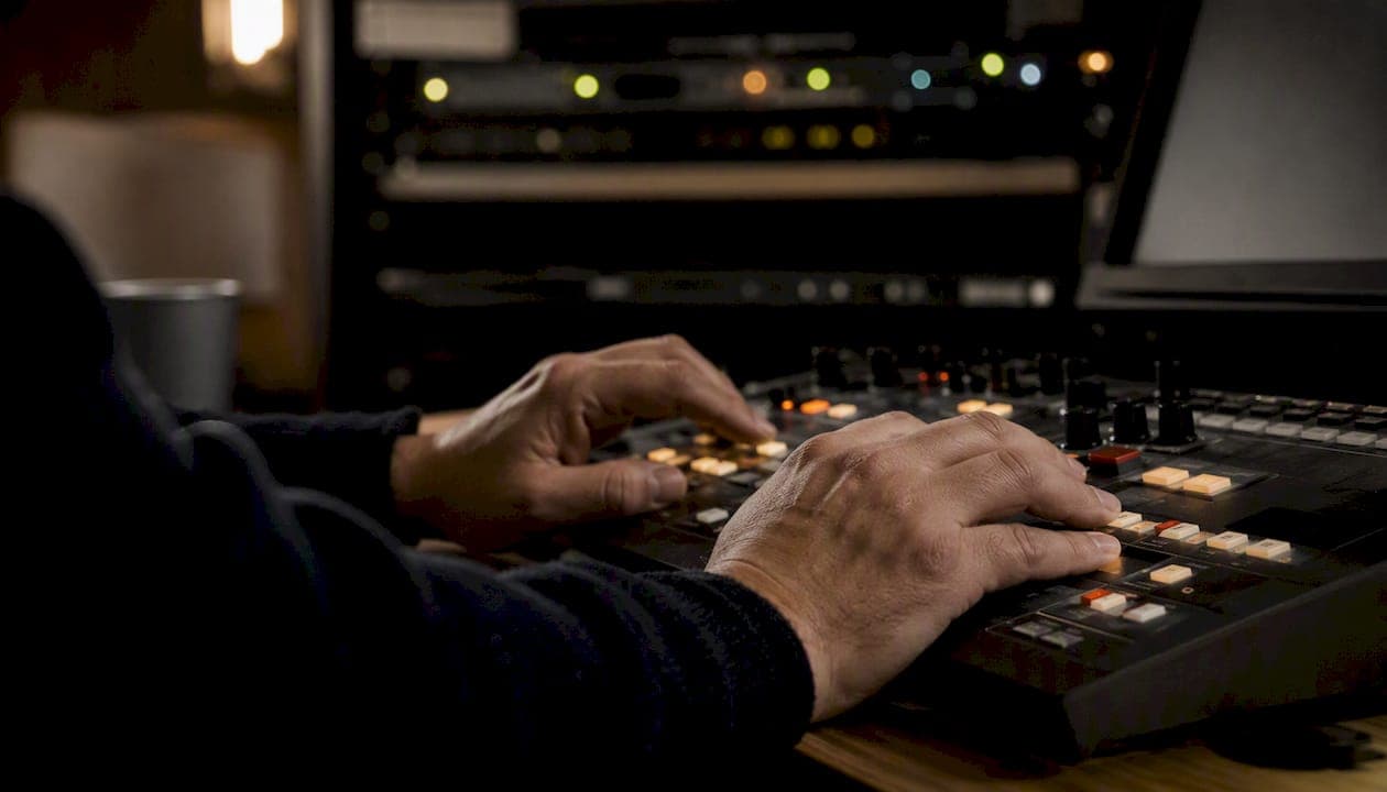 Hands pressing buttons on video clip selection controller