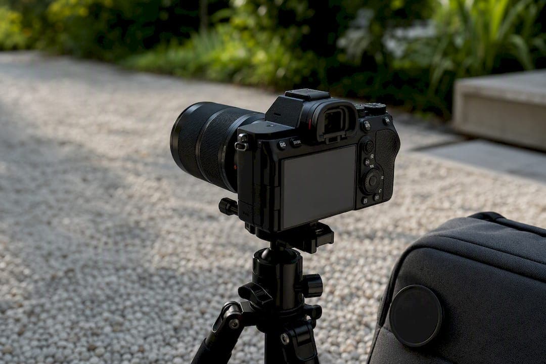 Close-up of camera lens on tripod