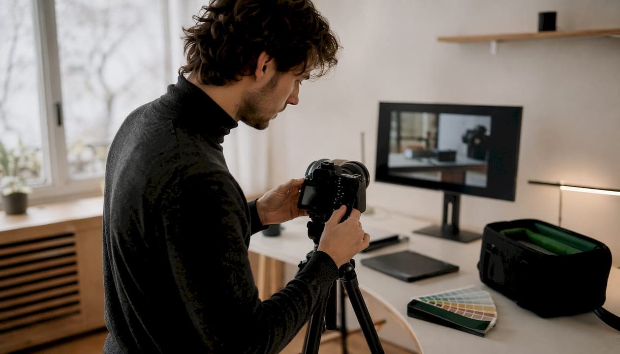 Close-up of hands adjusting camera for video aspect ratio